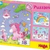 HABA 300299 3er Puzzle-Set - Einhorn Glitzerglück - 12/15/18 Teile
